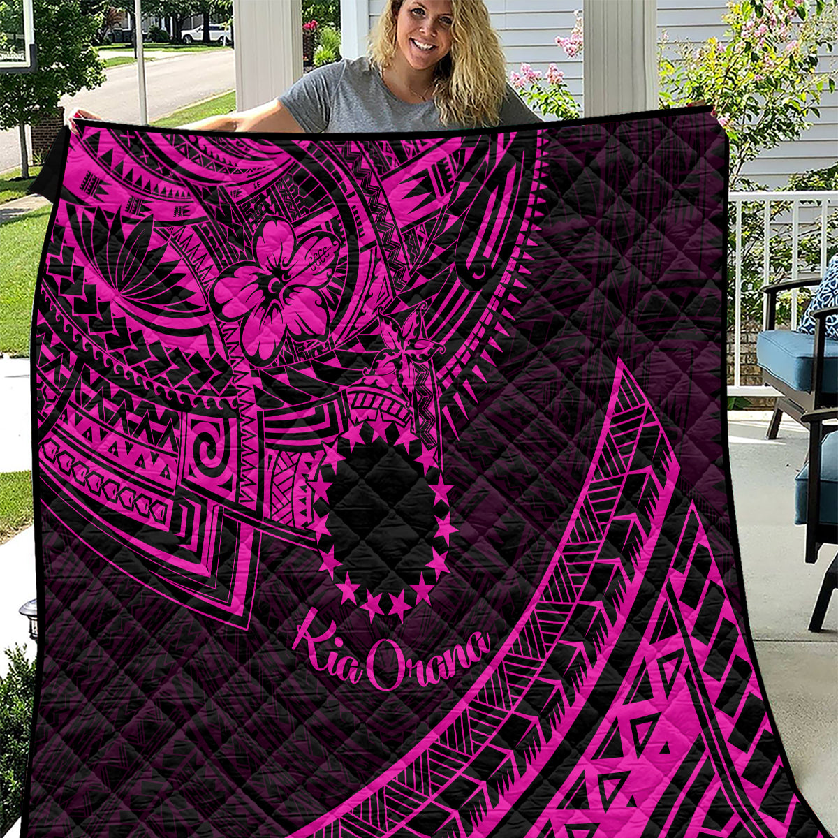 Kia Orana Cook Islands Quilt Circle Stars With Floral Pink Pattern LT01 Pink - Polynesian Pride