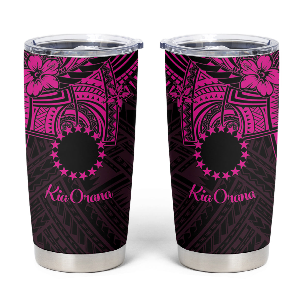 Kia Orana Cook Islands Tumbler Cup Circle Stars With Floral Pink Pattern LT01 Pink - Polynesian Pride