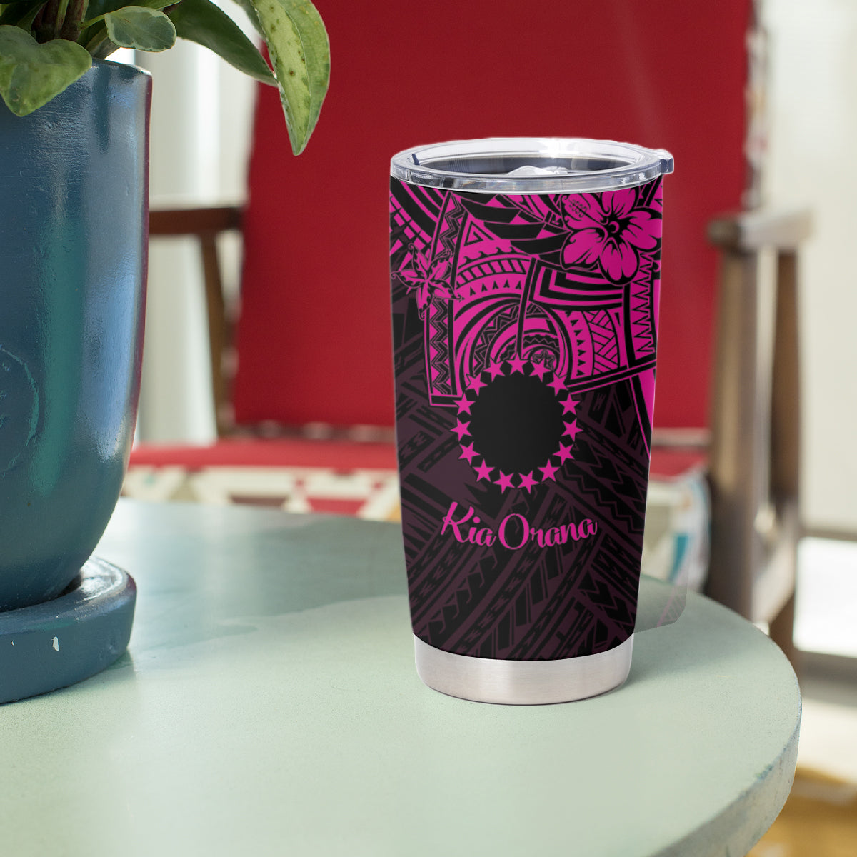 Kia Orana Cook Islands Tumbler Cup Circle Stars With Floral Pink Pattern LT01 - Polynesian Pride
