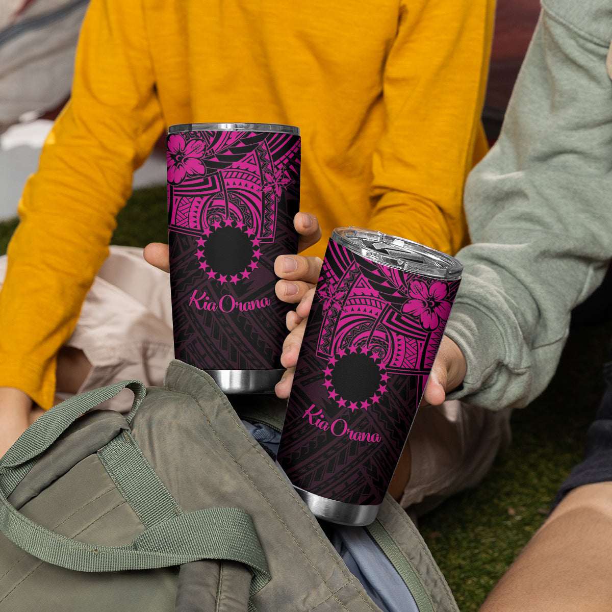 Kia Orana Cook Islands Tumbler Cup Circle Stars With Floral Pink Pattern LT01 - Polynesian Pride