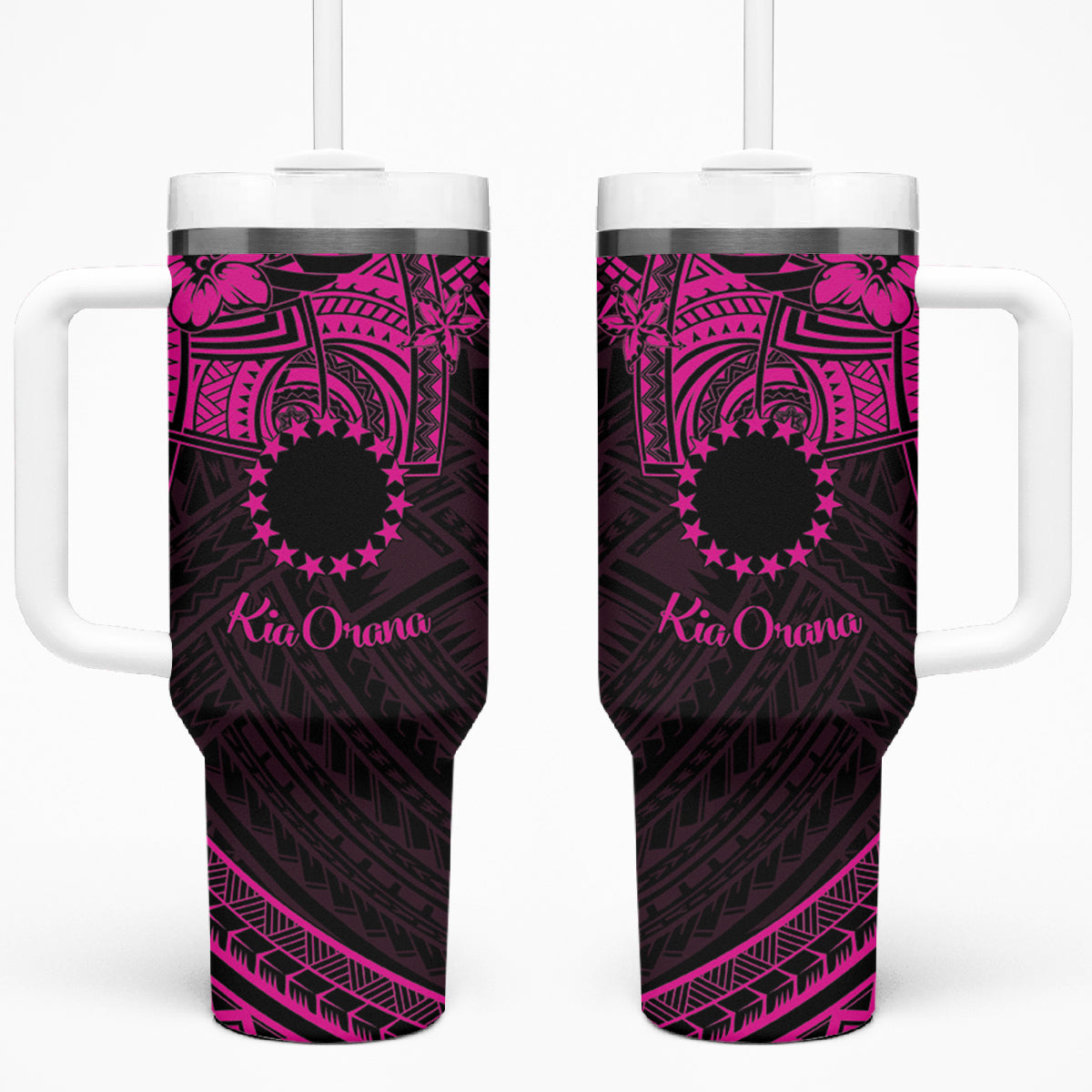 Kia Orana Cook Islands Tumbler With Handle Circle Stars With Floral Pink Pattern LT01 One Size: 40 oz Pink - Polynesian Pride