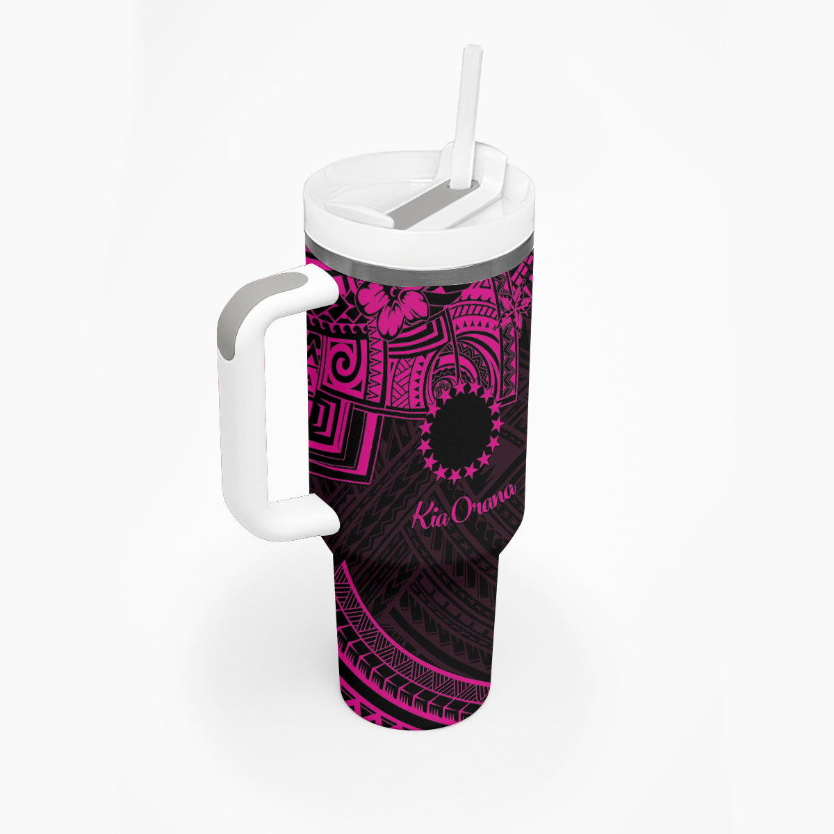 Kia Orana Cook Islands Tumbler With Handle Circle Stars With Floral Pink Pattern LT01 - Polynesian Pride