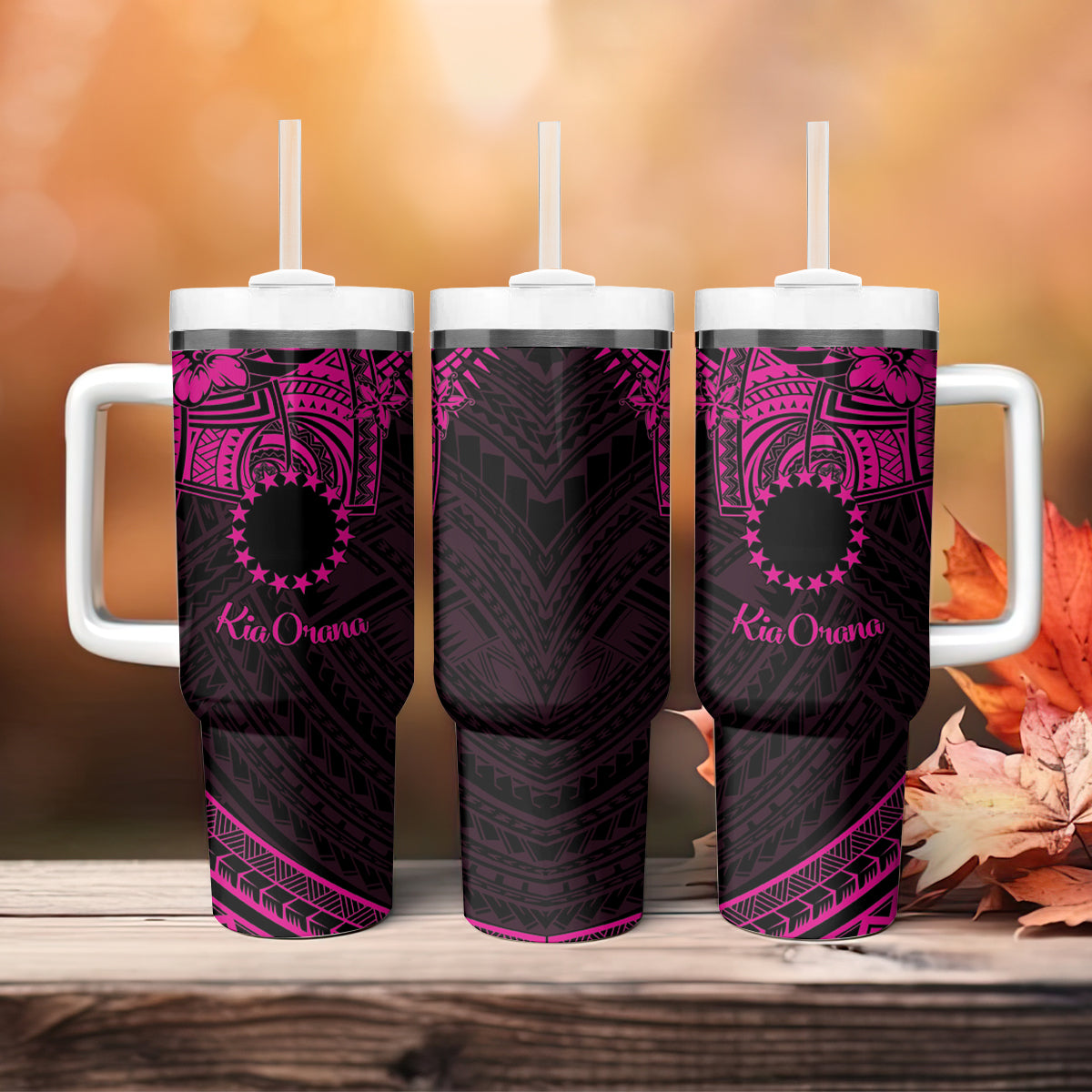 Kia Orana Cook Islands Tumbler With Handle Circle Stars With Floral Pink Pattern LT01 - Polynesian Pride