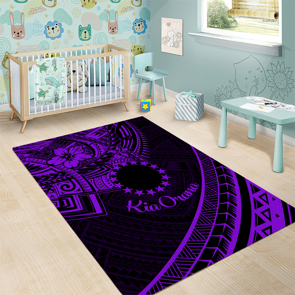 Kia Orana Cook Islands Area Rug Circle Stars With Floral Purple Pattern LT01 - Polynesian Pride