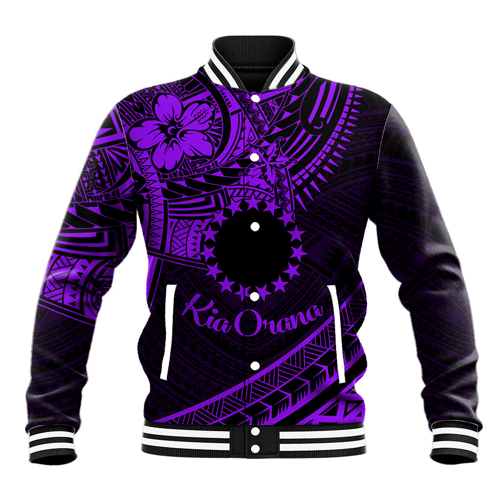 Kia Orana Cook Islands Baseball Jacket Circle Stars With Floral Purple Pattern LT01 Unisex Purple - Polynesian Pride