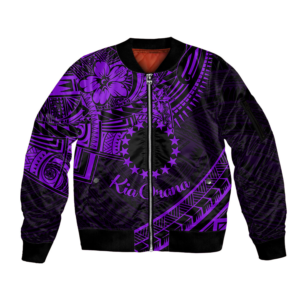 Kia Orana Cook Islands Sleeve Zip Bomber Jacket Circle Stars With Floral Purple Pattern LT01 Unisex Purple - Polynesian Pride