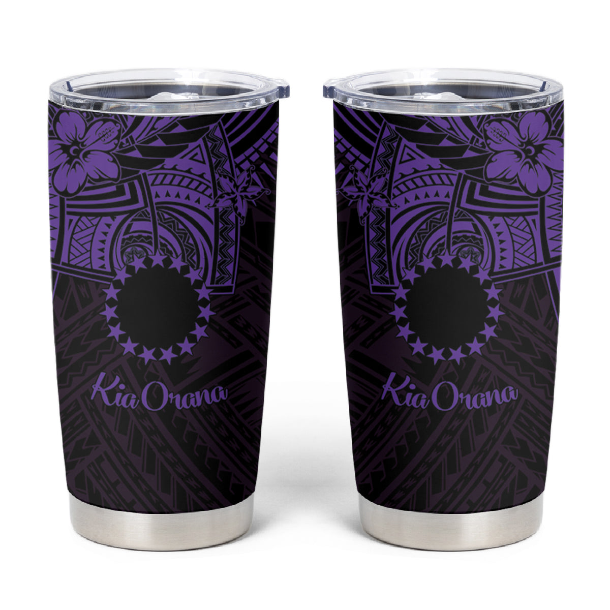 Kia Orana Cook Islands Tumbler Cup Circle Stars With Floral Purple Pattern LT01 Purple - Polynesian Pride