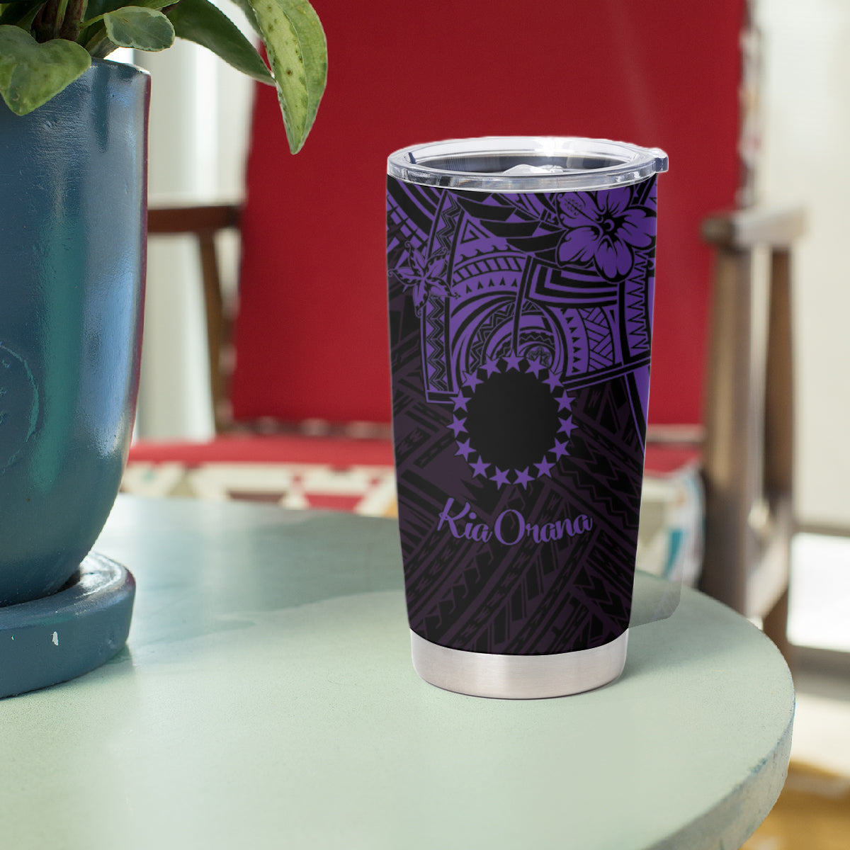 Kia Orana Cook Islands Tumbler Cup Circle Stars With Floral Purple Pattern LT01 - Polynesian Pride