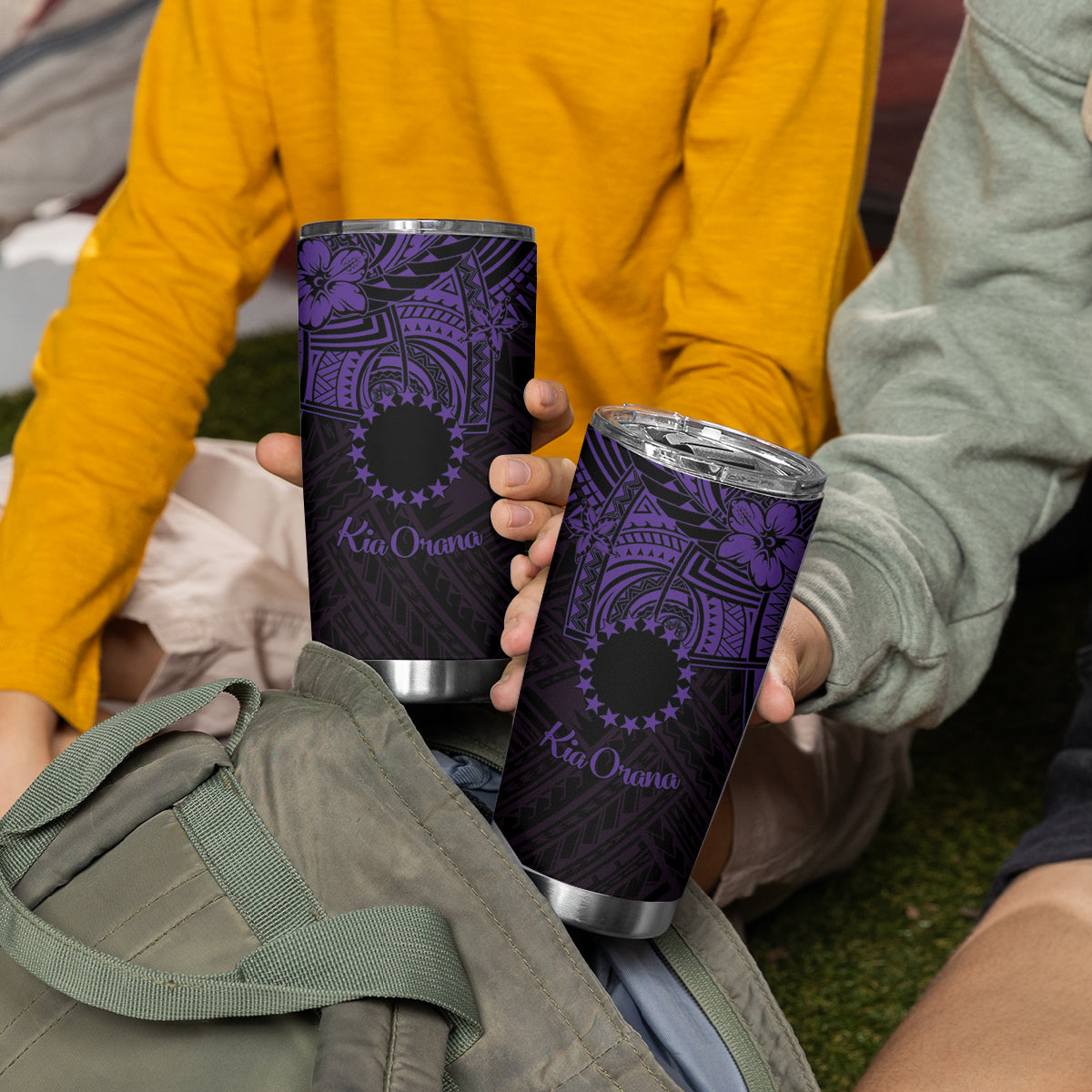 Kia Orana Cook Islands Tumbler Cup Circle Stars With Floral Purple Pattern LT01 - Polynesian Pride