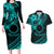 Kia Orana Cook Islands Couples Matching Long Sleeve Bodycon Dress and Hawaiian Shirt Circle Stars With Floral Turquoise Pattern LT01 Turquoise - Polynesian Pride