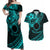 Kia Orana Cook Islands Couples Matching Off Shoulder Maxi Dress and Hawaiian Shirt Circle Stars With Floral Turquoise Pattern LT01 Turquoise - Polynesian Pride