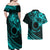 Kia Orana Cook Islands Couples Matching Off Shoulder Maxi Dress and Hawaiian Shirt Circle Stars With Floral Turquoise Pattern LT01 - Polynesian Pride