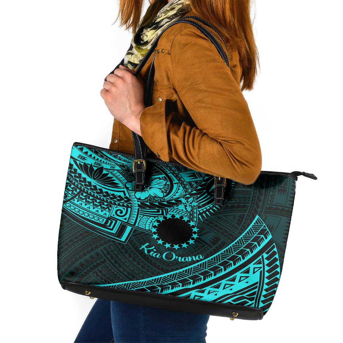 Kia Orana Cook Islands Leather Tote Bag Circle Stars With Floral Turquoise Pattern LT01 Turquoise - Polynesian Pride
