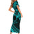 Kia Orana Cook Islands Short Sleeve Bodycon Dress Circle Stars With Floral Turquoise Pattern LT01 - Polynesian Pride