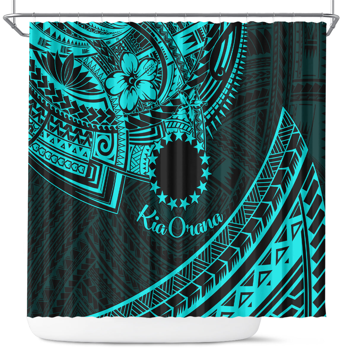 Kia Orana Cook Islands Shower Curtain Circle Stars With Floral Turquoise Pattern LT01 Turquoise - Polynesian Pride