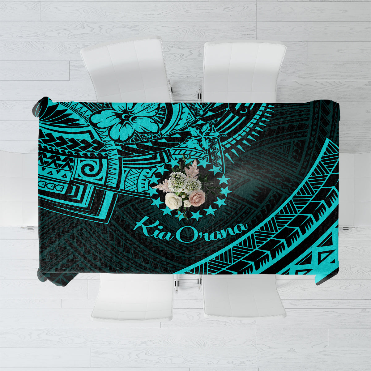 Kia Orana Cook Islands Tablecloth Circle Stars With Floral Turquoise Pattern LT01 Turquoise - Polynesian Pride