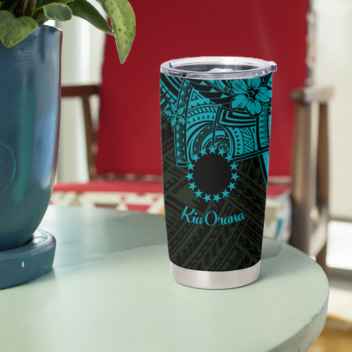 Kia Orana Cook Islands Tumbler Cup Circle Stars With Floral Turquoise Pattern LT01 - Polynesian Pride