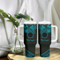 Kia Orana Cook Islands Tumbler With Handle Circle Stars With Floral Turquoise Pattern LT01 - Polynesian Pride