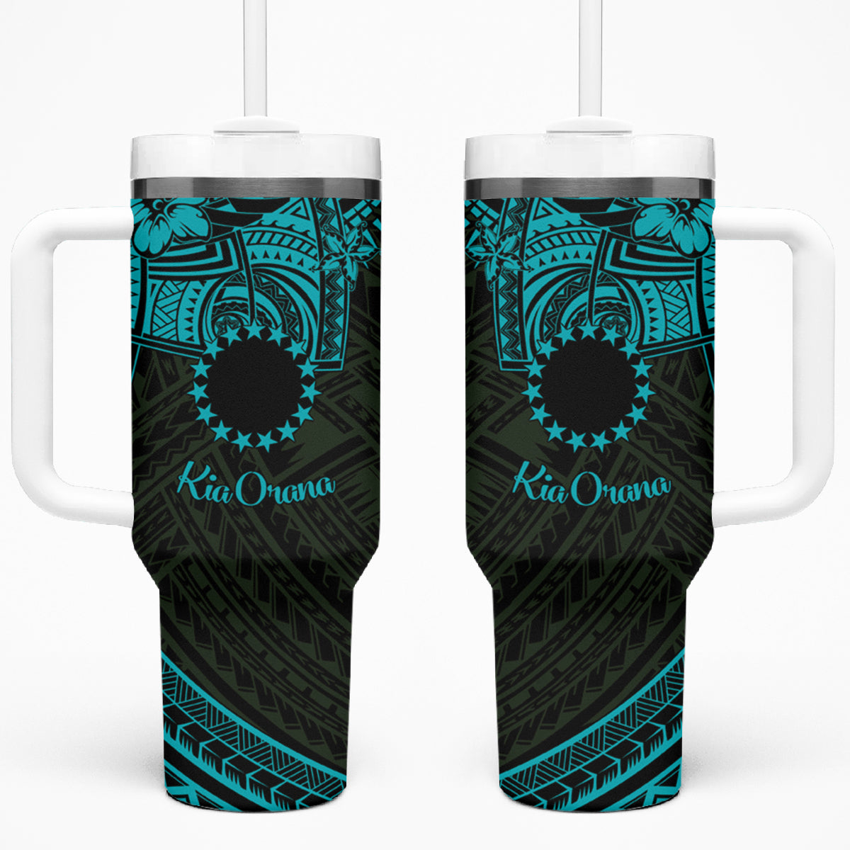 Kia Orana Cook Islands Tumbler With Handle Circle Stars With Floral Turquoise Pattern LT01 One Size: 40 oz Turquoise - Polynesian Pride