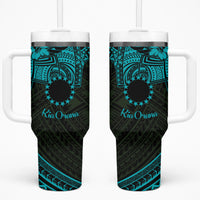 Kia Orana Cook Islands Tumbler With Handle Circle Stars With Floral Turquoise Pattern LT01 One Size: 40 oz Turquoise - Polynesian Pride
