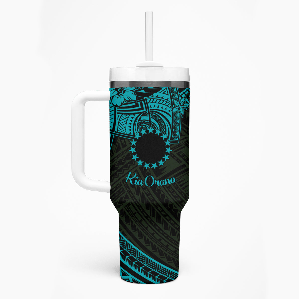 Kia Orana Cook Islands Tumbler With Handle Circle Stars With Floral Turquoise Pattern LT01 - Polynesian Pride