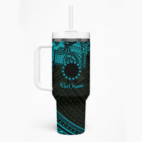 Kia Orana Cook Islands Tumbler With Handle Circle Stars With Floral Turquoise Pattern LT01 - Polynesian Pride