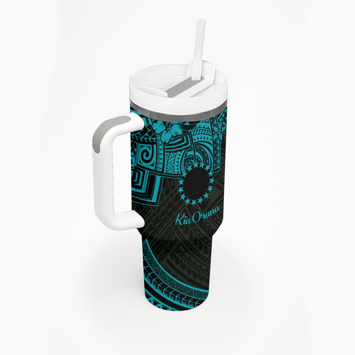 Kia Orana Cook Islands Tumbler With Handle Circle Stars With Floral Turquoise Pattern LT01 - Polynesian Pride