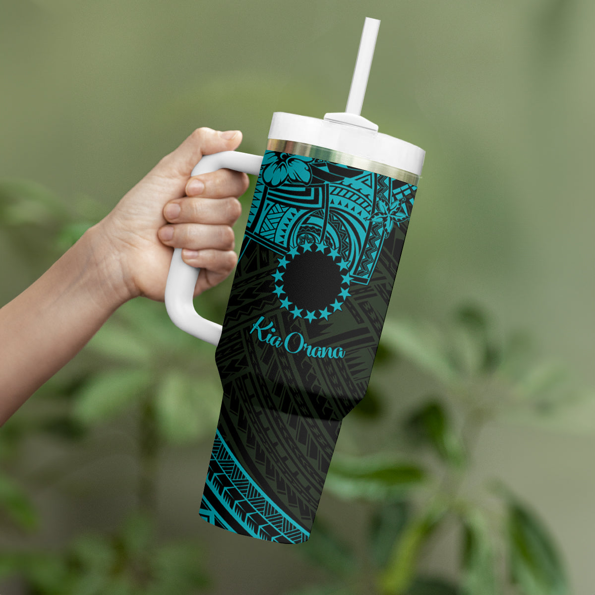 Kia Orana Cook Islands Tumbler With Handle Circle Stars With Floral Turquoise Pattern LT01 - Polynesian Pride