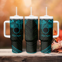 Kia Orana Cook Islands Tumbler With Handle Circle Stars With Floral Turquoise Pattern LT01 - Polynesian Pride