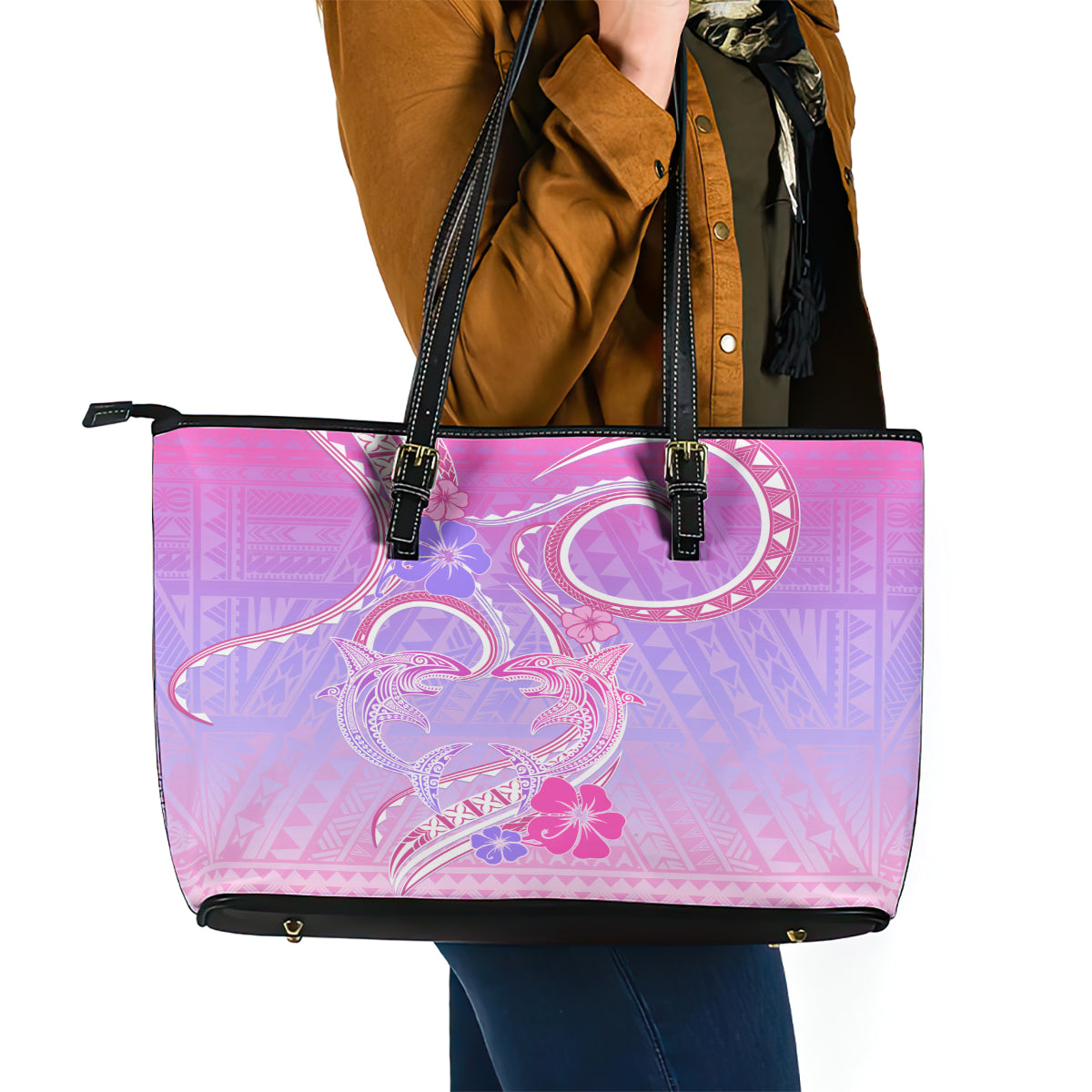 Polynesian Shark Valentine Leather Tote Bag Sweet Unique Version LT01 - Polynesian Pride