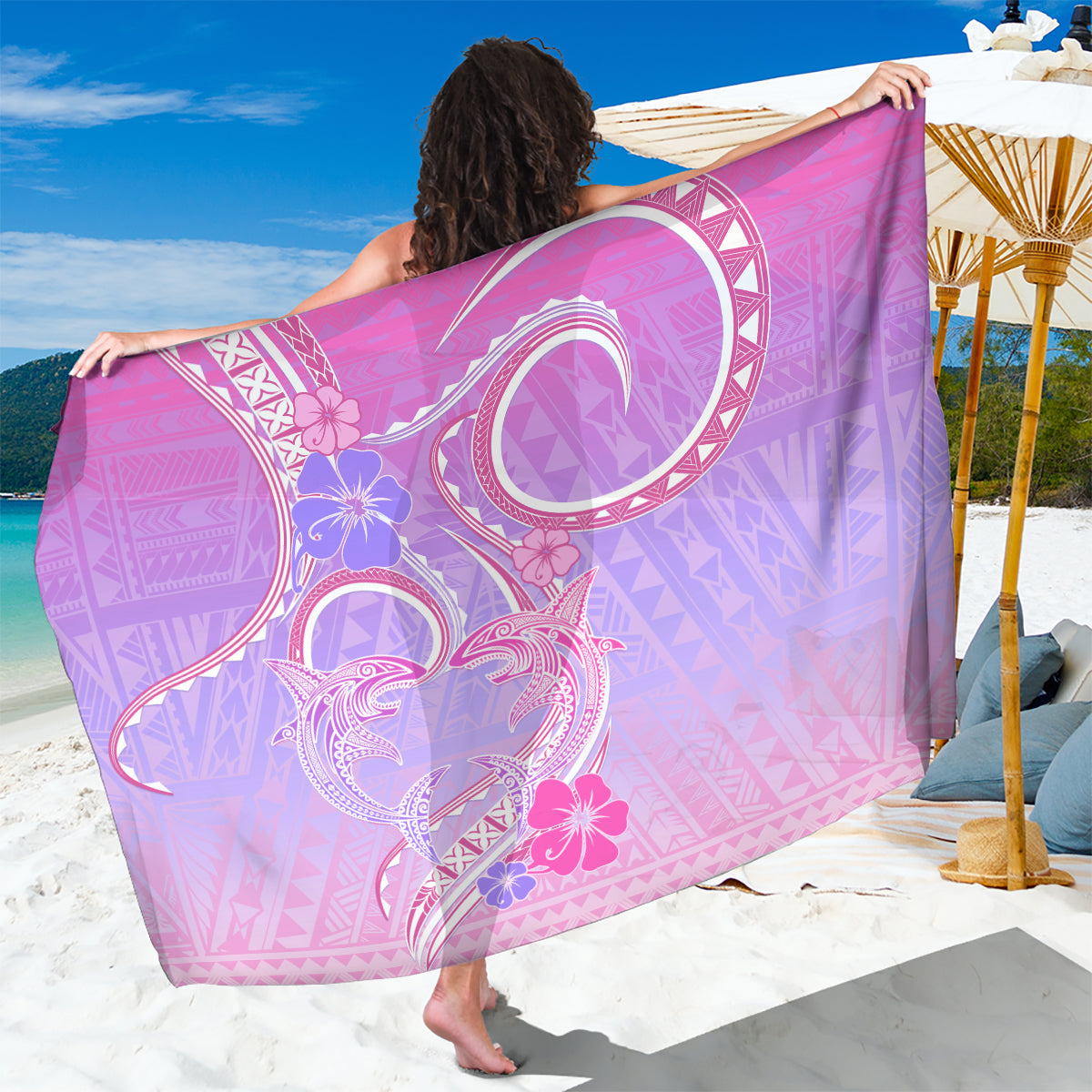 Polynesian Shark Valentine Sarong Sweet Unique Version LT01 One Size 44 x 66 inches Pink - Polynesian Pride