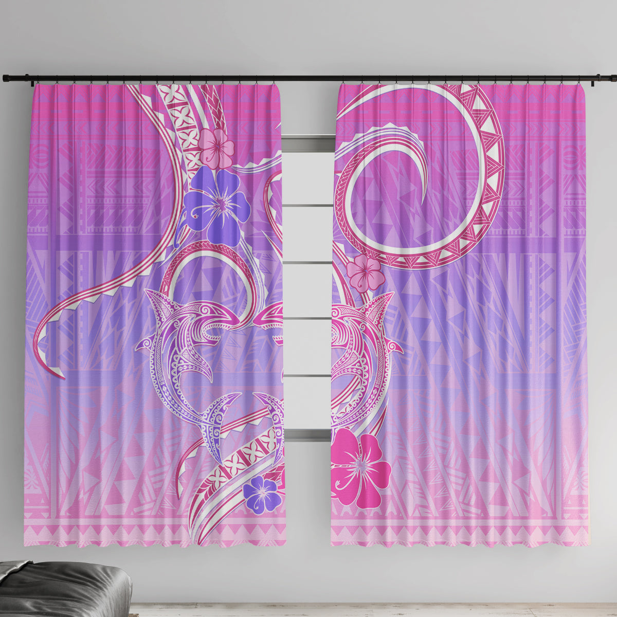 Polynesian Shark Valentine Window Curtain Sweet Unique Version LT01 With Hooks Pink - Polynesian Pride