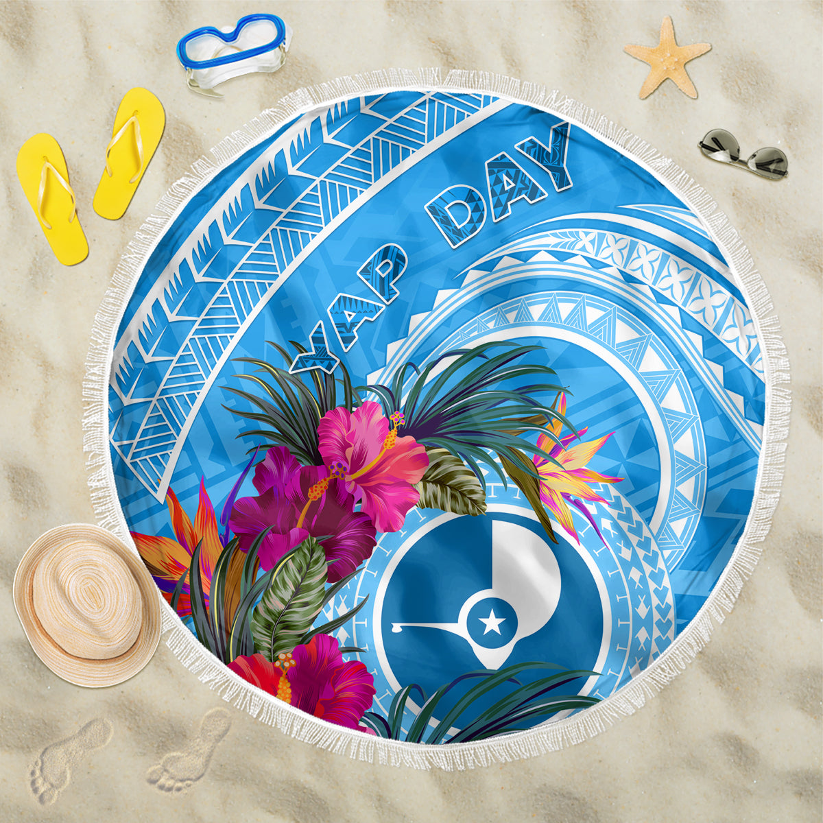 Yap Day Beach Blanket Nam nu Waqab Tropical Flower LT01 One Size 150cm Blue - Polynesian Pride