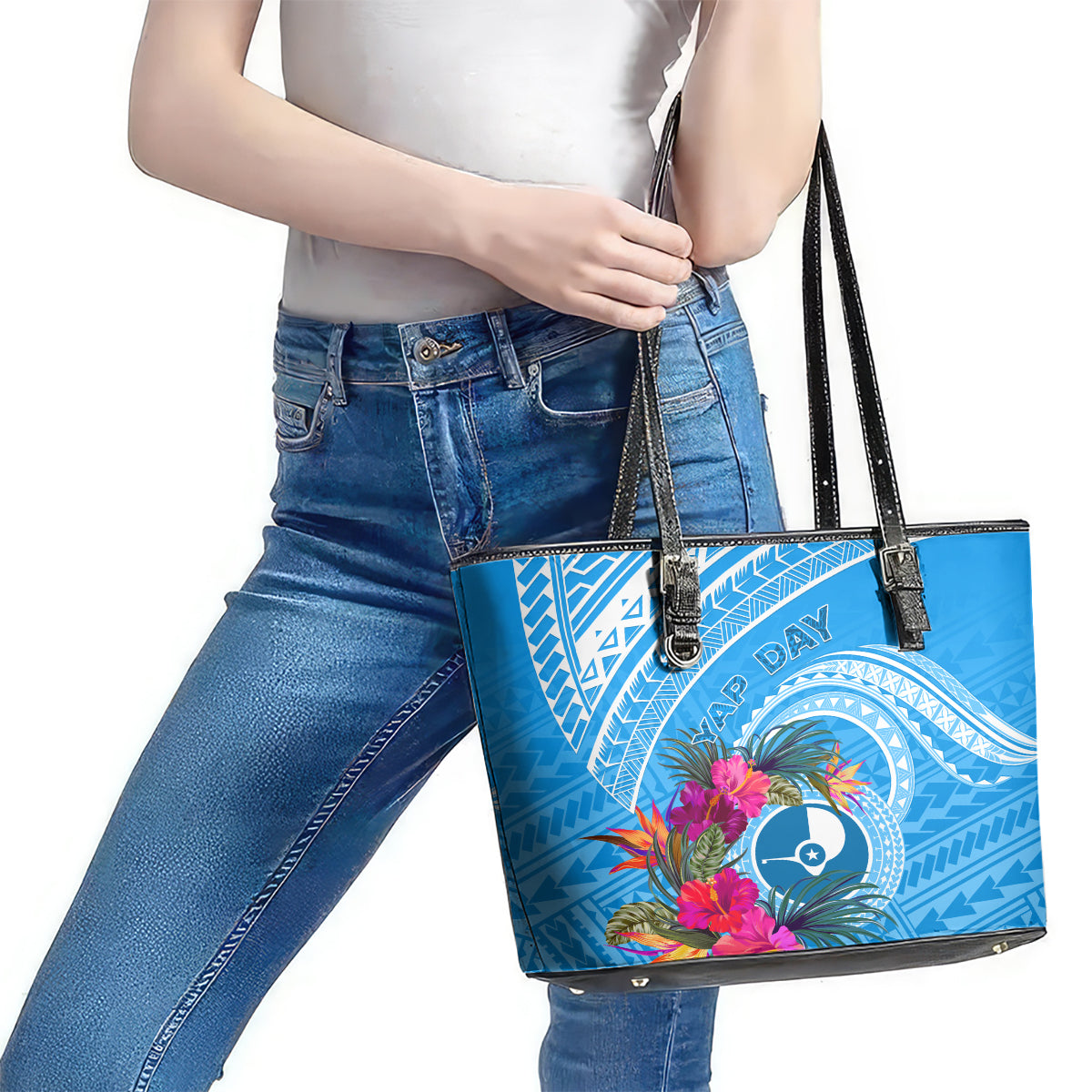 Yap Day Leather Tote Bag Nam nu Waqab Tropical Flower LT01 - Polynesian Pride