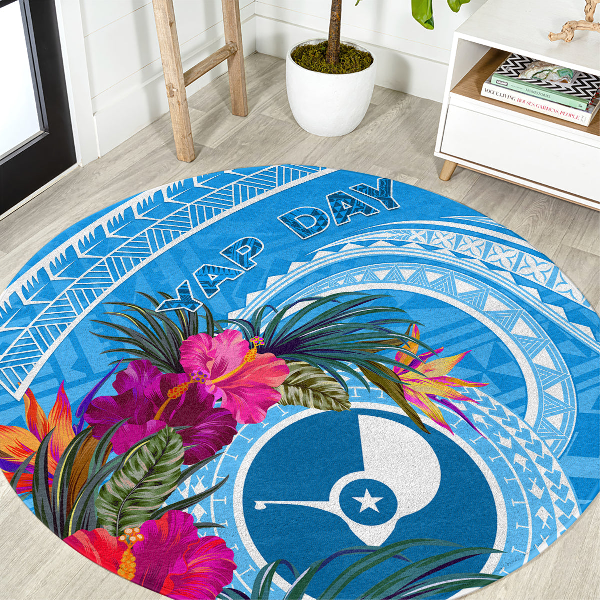 Yap Day Round Carpet Nam nu Waqab Tropical Flower LT01 Blue - Polynesian Pride