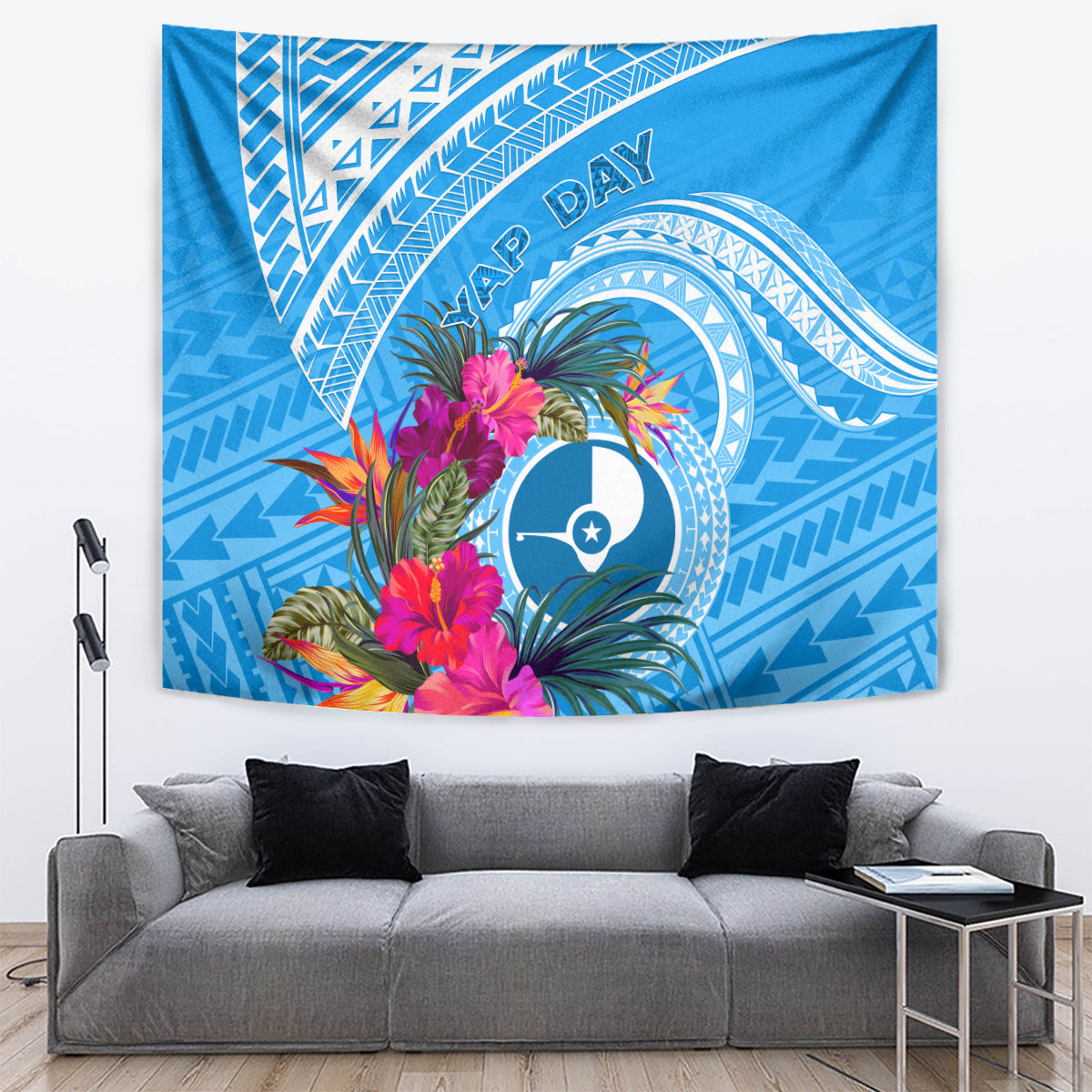 Yap Day Tapestry Nam nu Waqab Tropical Flower LT01 Blue - Polynesian Pride