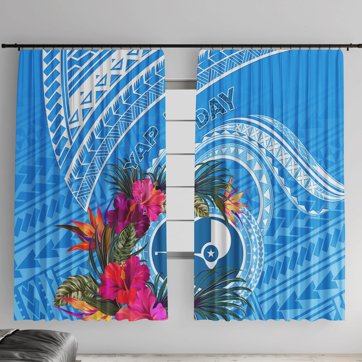 Yap Day Window Curtain Nam nu Waqab Tropical Flower LT01 With Hooks Blue - Polynesian Pride
