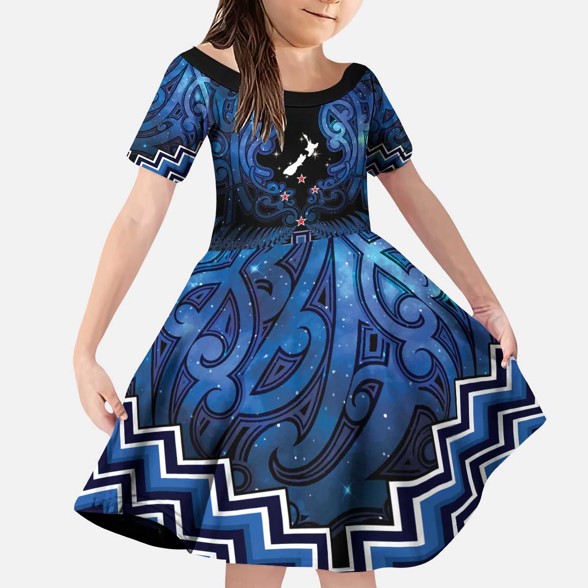 Personalised Aotearoa Matariki Kid Short Sleeve Dress Blue Fern Maori Poutama LT01 KID Blue - Polynesian Pride
