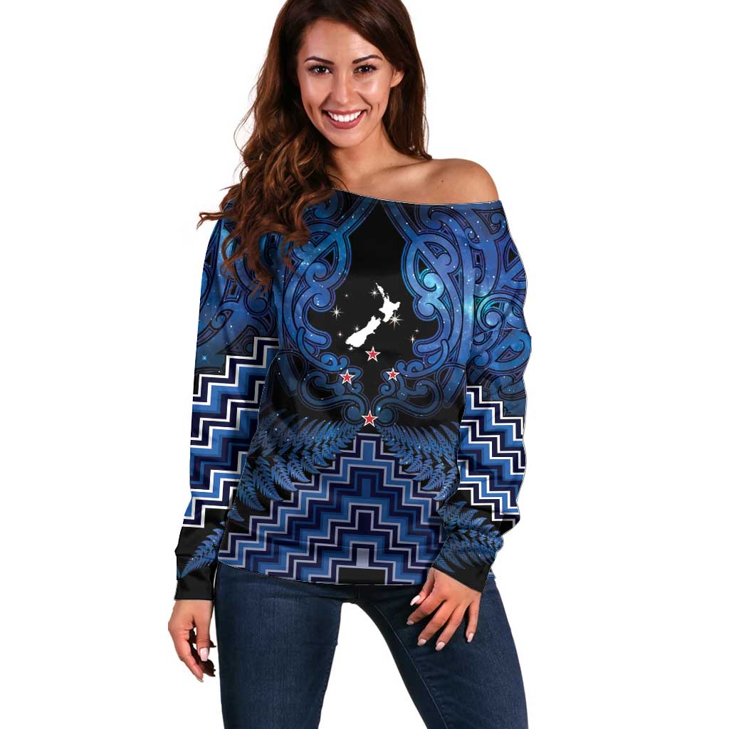 Personalised Aotearoa Matariki Off Shoulder Sweater Blue Fern Maori Poutama LT01 Women Blue - Polynesian Pride