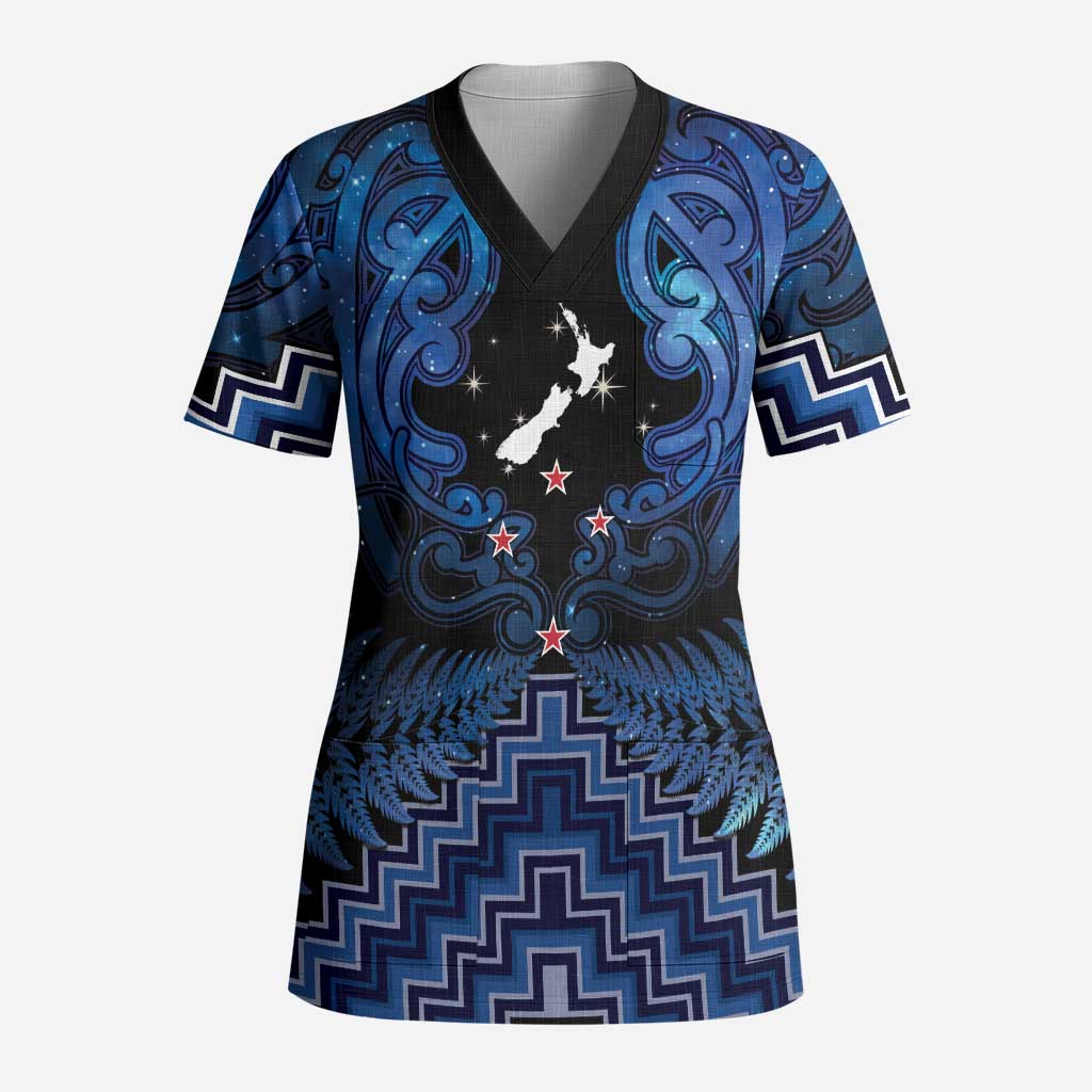 Personalised Aotearoa Matariki Scrub Top Blue Fern Maori Poutama LT01 Adult Blue - Polynesian Pride
