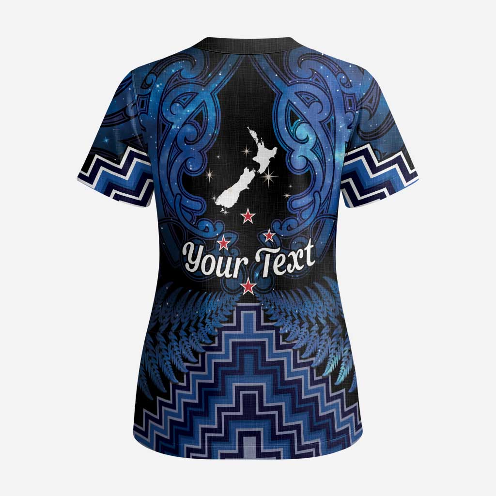Personalised Aotearoa Matariki Scrub Top Blue Fern Maori Poutama LT01 - Polynesian Pride