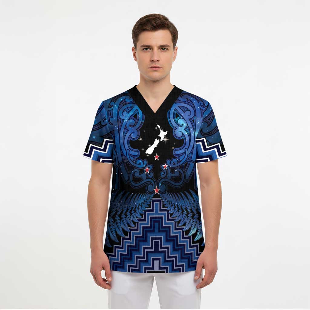 Personalised Aotearoa Matariki Scrub Top Blue Fern Maori Poutama LT01 - Polynesian Pride
