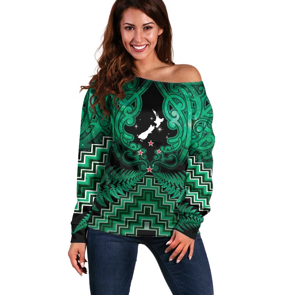 Personalised Aotearoa Matariki Off Shoulder Sweater Green Fern Maori Poutama LT01 Women Green - Polynesian Pride