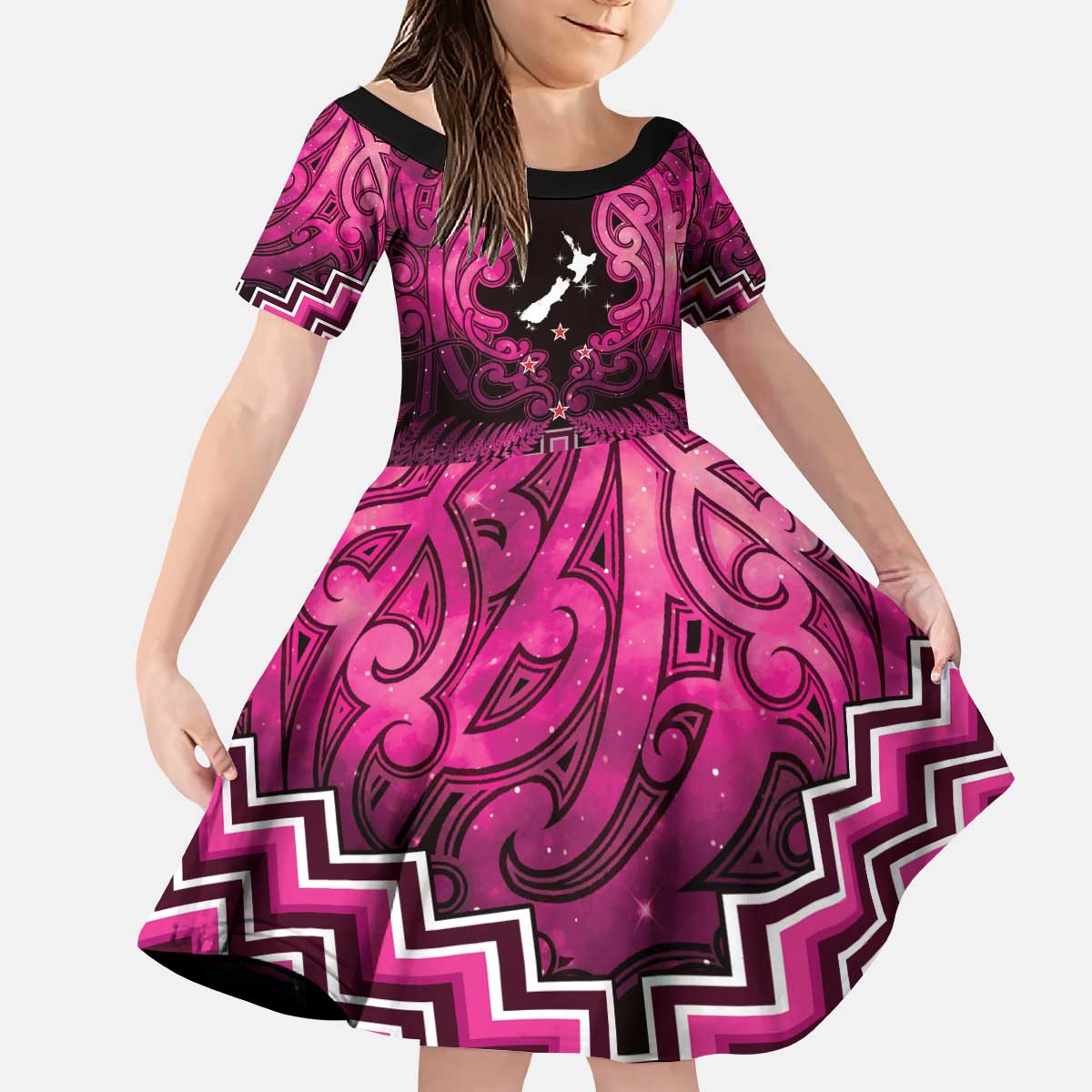 Personalised Aotearoa Matariki Kid Short Sleeve Dress Pink Fern Maori Poutama LT01 KID Pink - Polynesian Pride