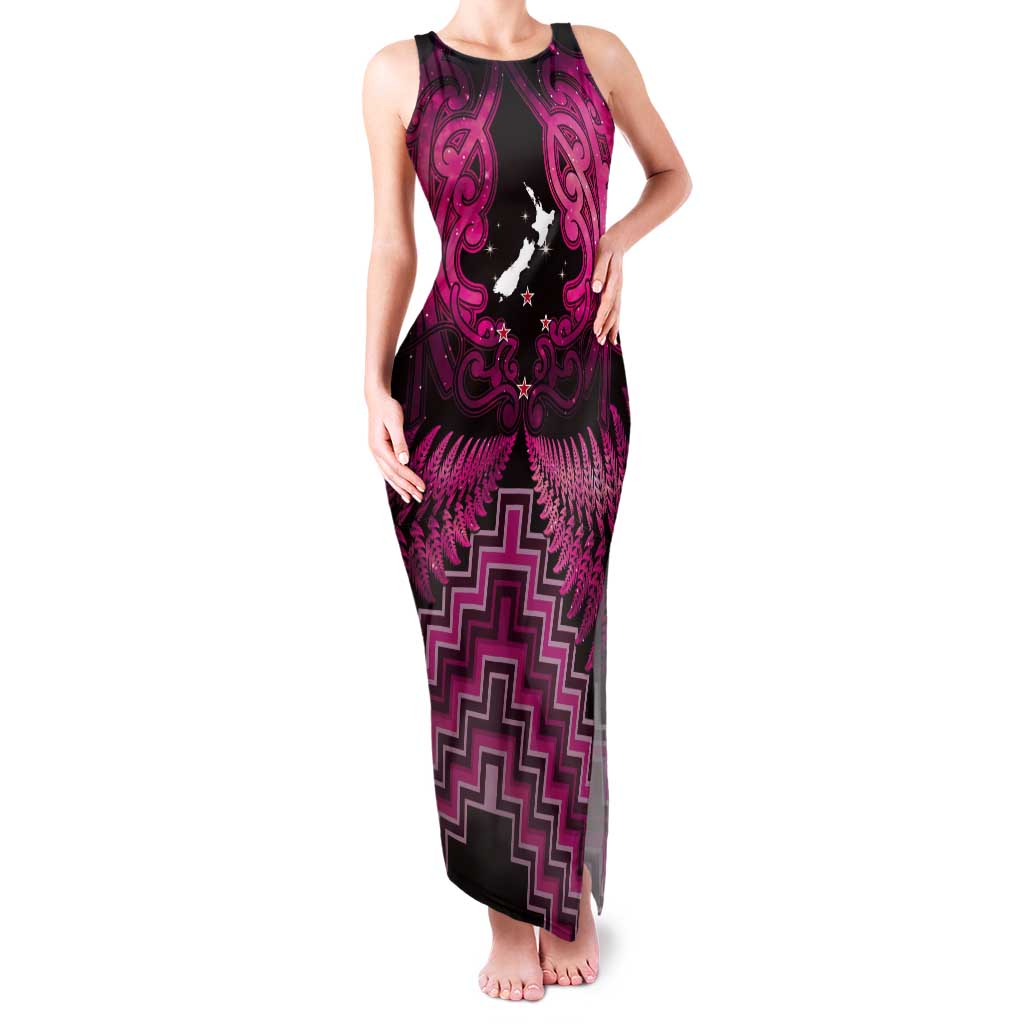 Personalised Aotearoa Matariki Tank Maxi Dress Pink Fern Maori Poutama LT01 Women Pink - Polynesian Pride