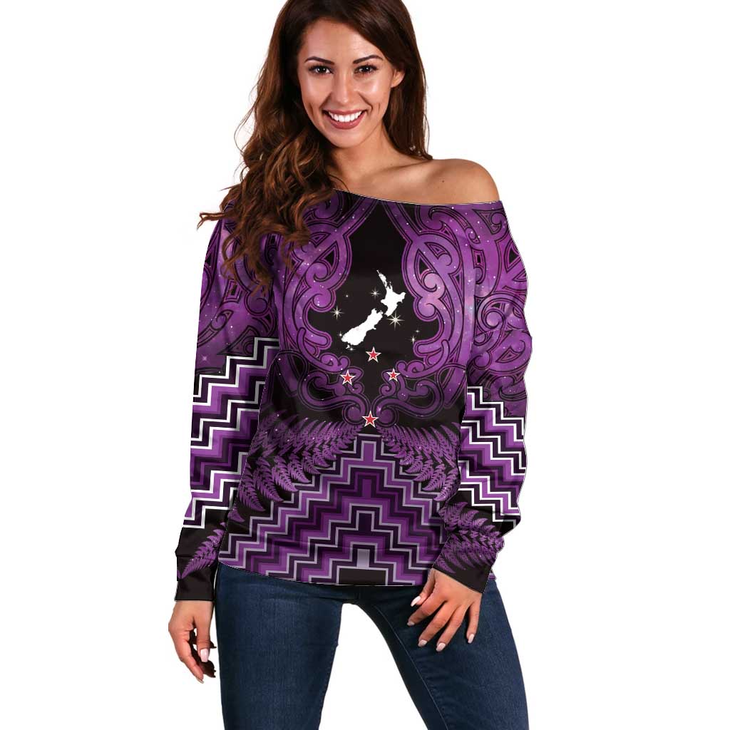 Personalised Aotearoa Matariki Off Shoulder Sweater Purple Fern Maori Poutama LT01 Women Purple - Polynesian Pride