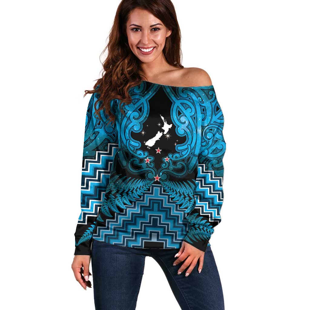 Personalised Aotearoa Matariki Off Shoulder Sweater Turquoise Fern Maori Poutama LT01 Women Turquoise - Polynesian Pride