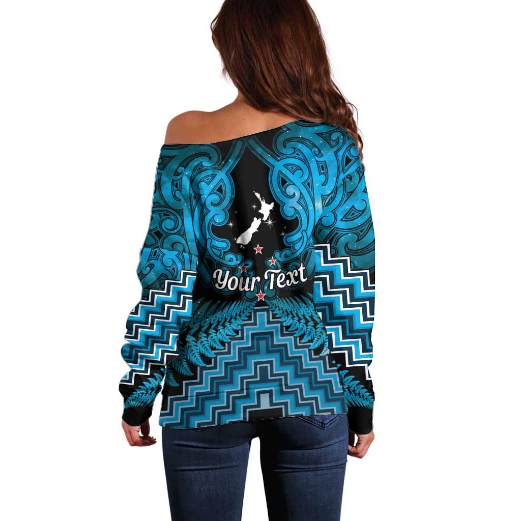 Personalised Aotearoa Matariki Off Shoulder Sweater Turquoise Fern Maori Poutama LT01 - Polynesian Pride