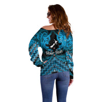 Personalised Aotearoa Matariki Off Shoulder Sweater Turquoise Fern Maori Poutama LT01 - Polynesian Pride