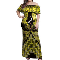 Personalised Aotearoa Matariki Off Shoulder Maxi Dress Yellow Fern Maori Poutama LT01 Women Yellow - Polynesian Pride